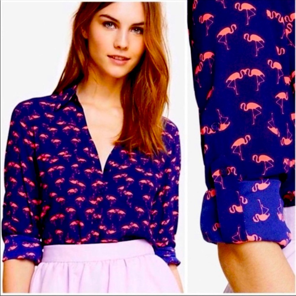 Whimsical Express Portofino Button Down Top Rollup Sleeves Flamingo Print